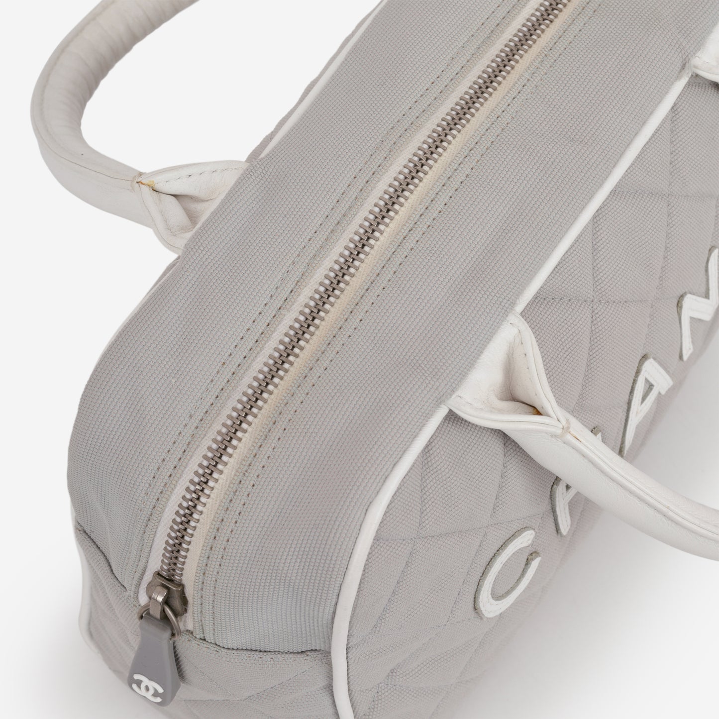 Chanel Vintage Mini Boston Bowling Bag - Grey Canvas | Silver Hardware