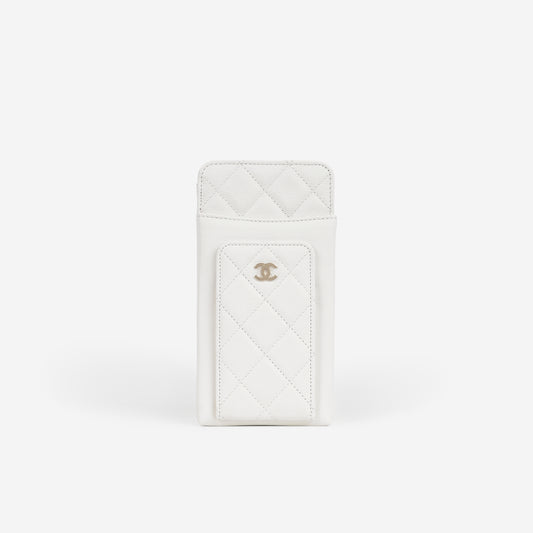 Chanel CC Phone Holder - White Caviar | Champagne Gold Hardware