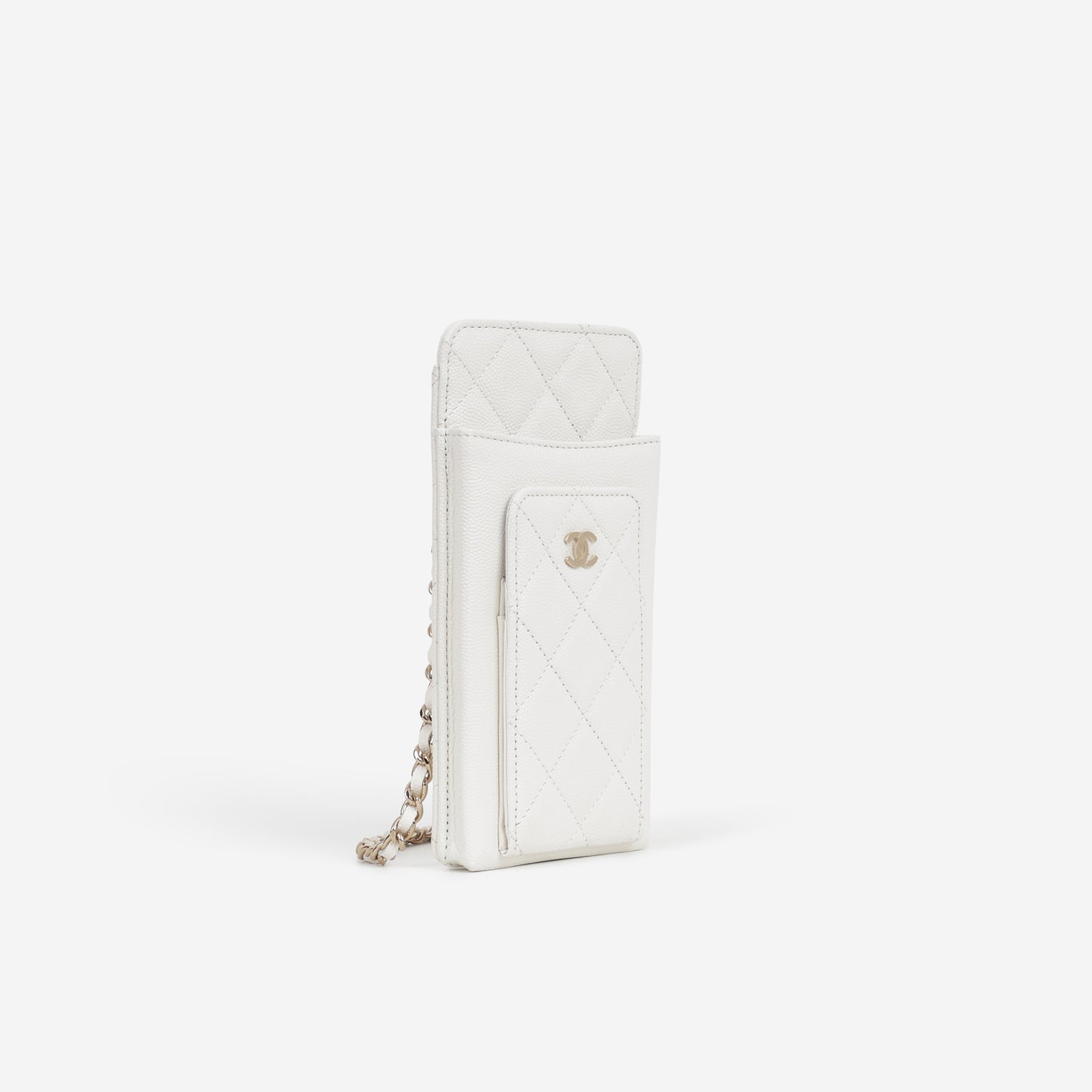 Chanel CC Phone Holder - White Caviar | Champagne Gold Hardware