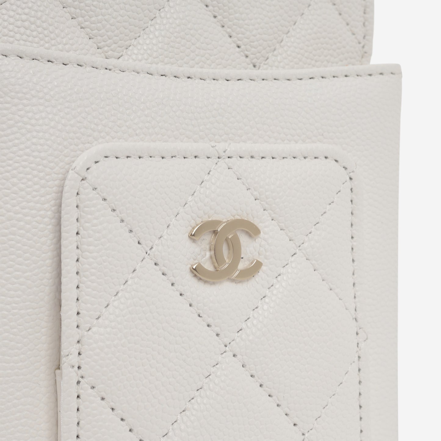Chanel CC Phone Holder - White Caviar | Champagne Gold Hardware