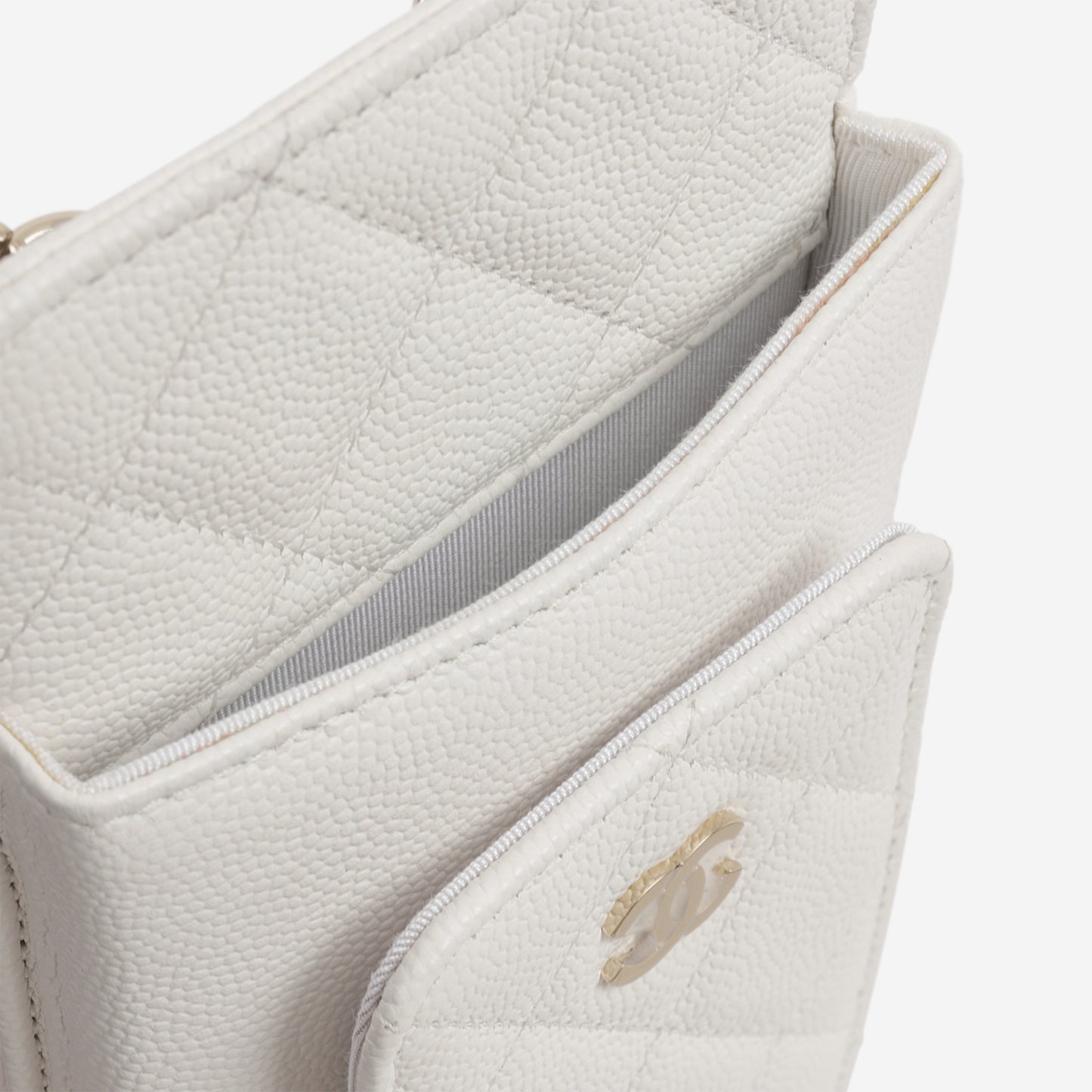Chanel CC Phone Holder - White Caviar | Champagne Gold Hardware