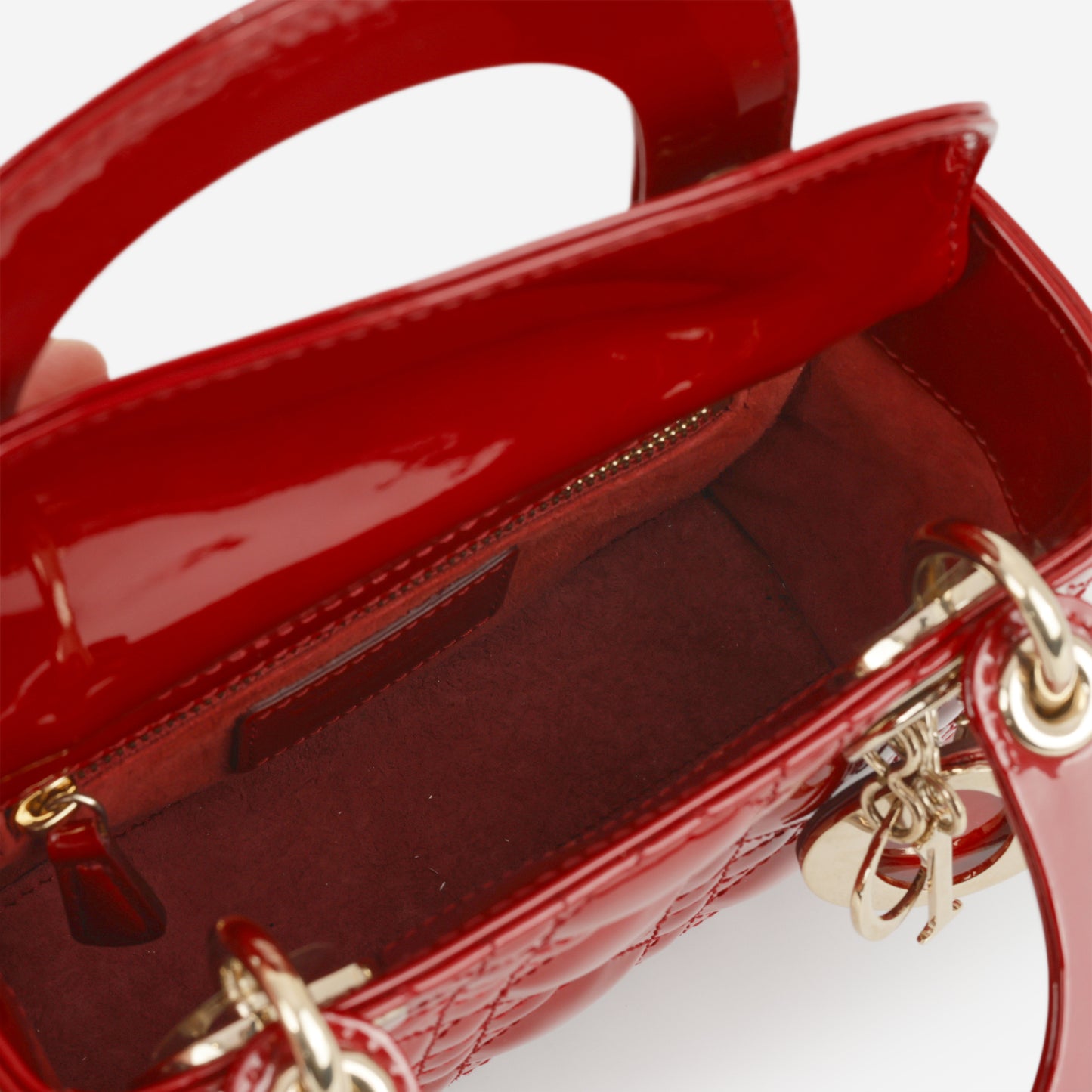 Dior Mini Lady Dior - Cherry Red Patent | Champagne Gold Hardware