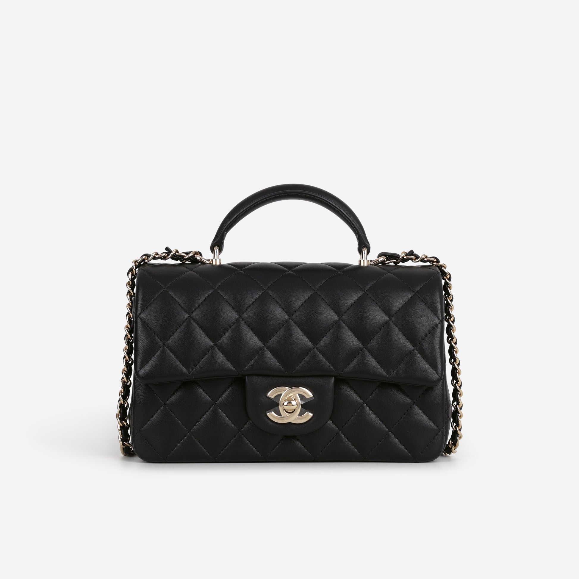 Chanel Mini Rectangular Top Handle - Black Lambskin | Champagne Gold Hardware - Bagista