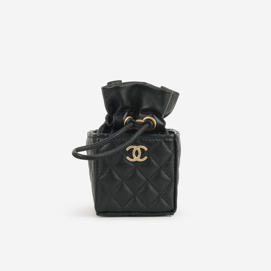 Chanel Micro Drawstring Bucket Bag - Black Lambskin | Aged Gold Hardware