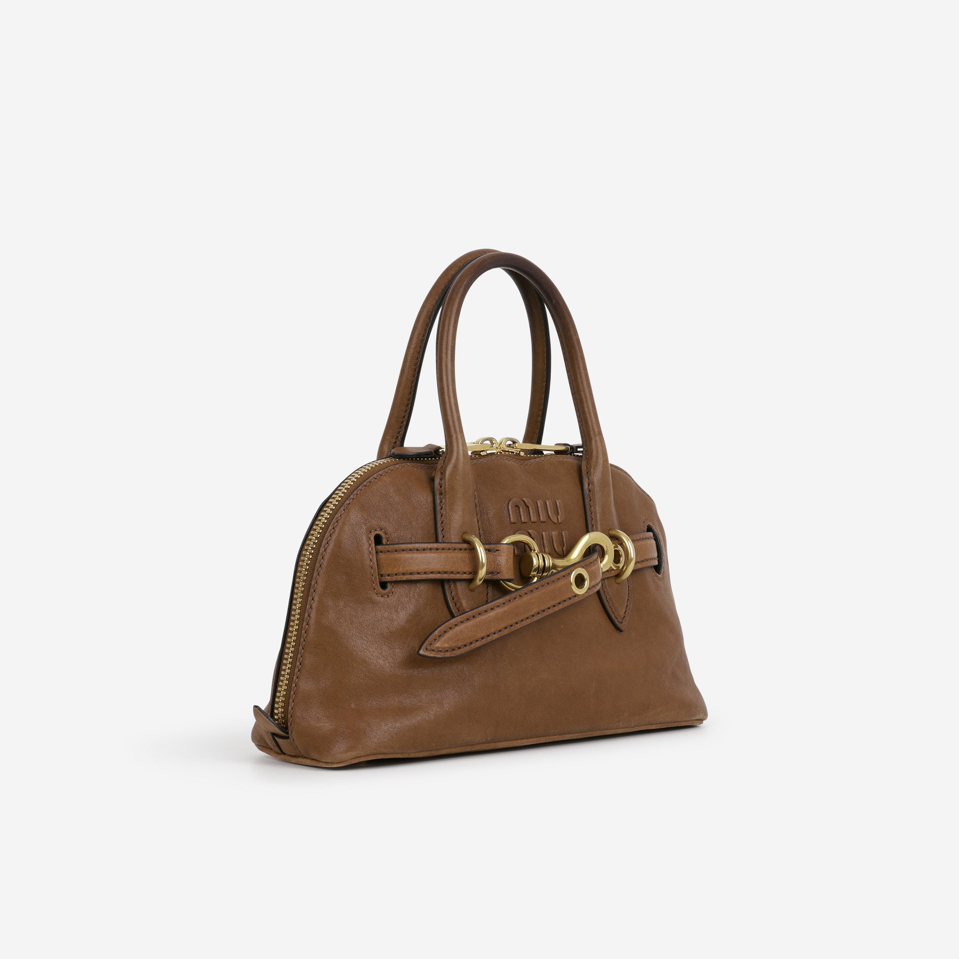 Miu Miu Small Aventure Top Handle - Oak Nappa Leather | Antique Gold Hardware - Bagista