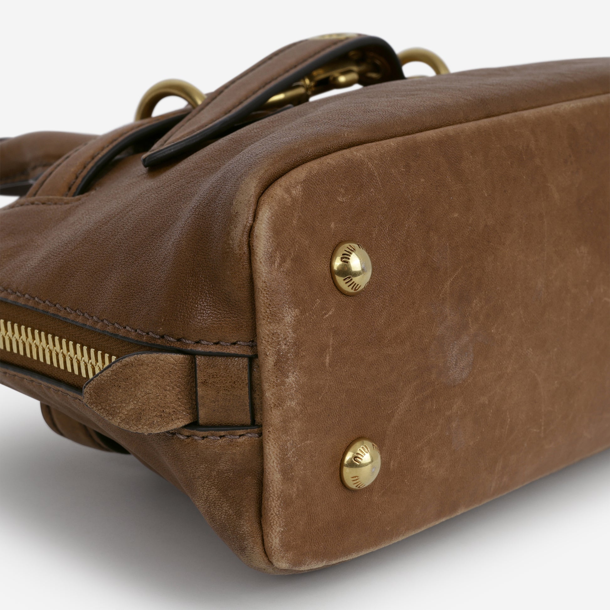 Miu Miu Small Aventure Top Handle - Oak Nappa Leather | Antique Gold Hardware - Bagista