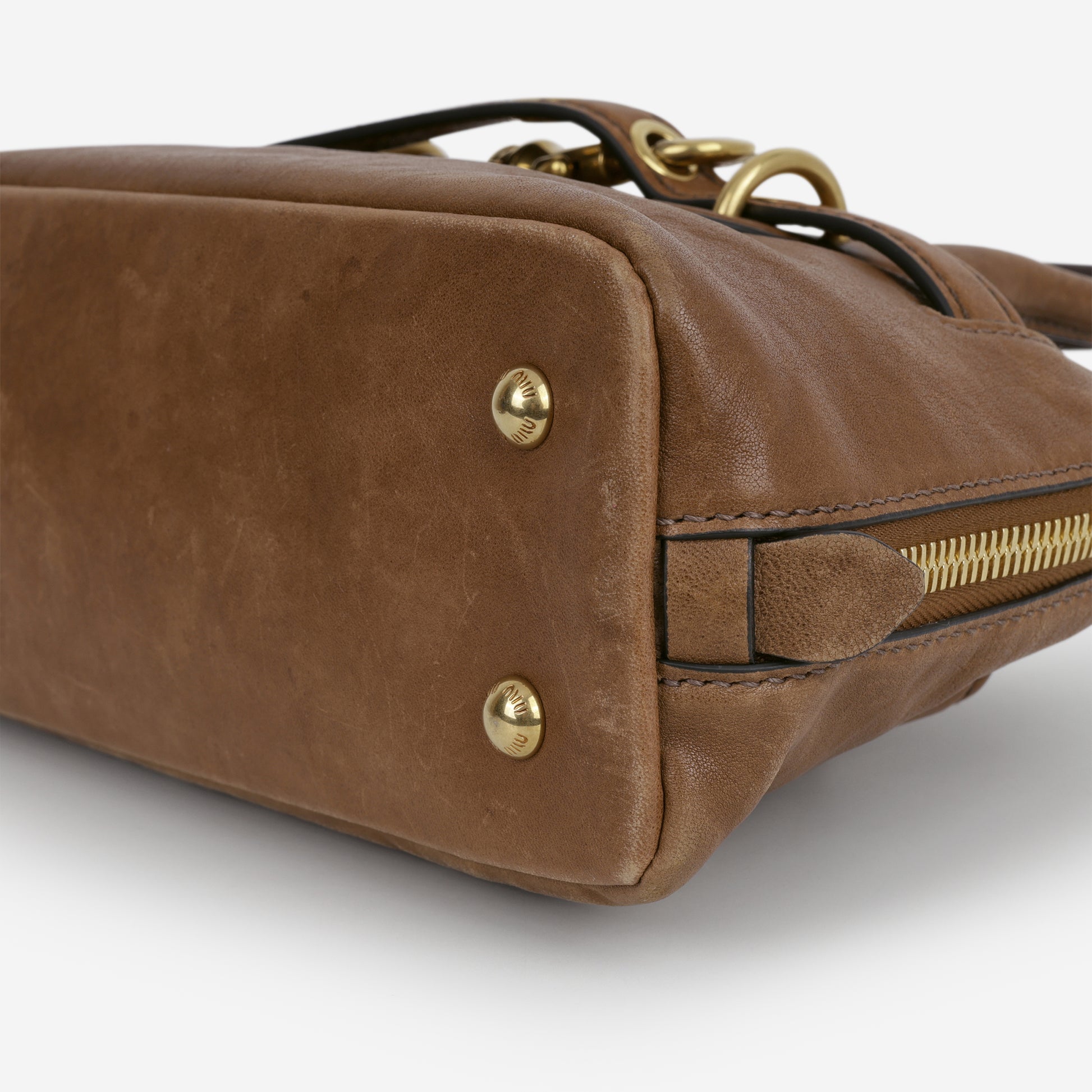 Miu Miu Small Aventure Top Handle - Oak Nappa Leather | Antique Gold Hardware - Bagista