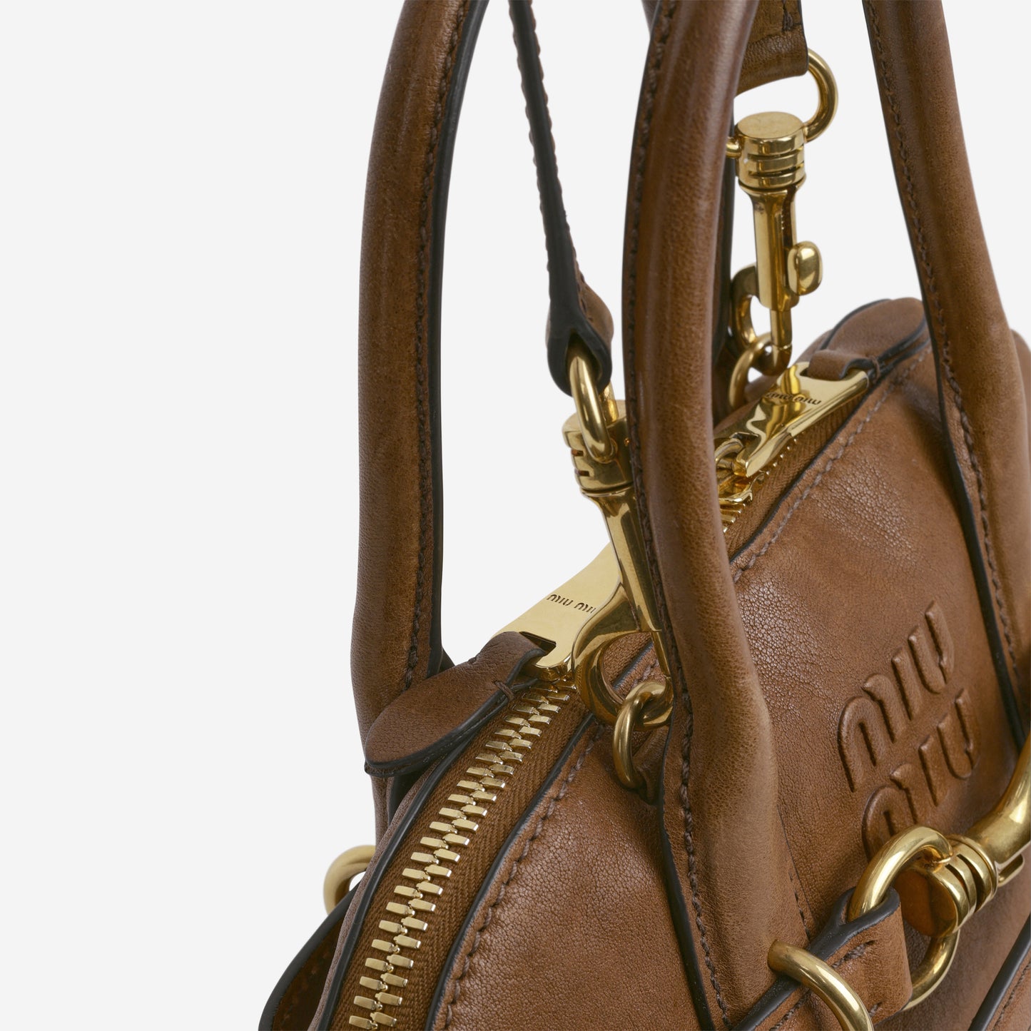 Miu Miu Small Aventure Top Handle - Oak Nappa Leather | Antique Gold Hardware - Bagista