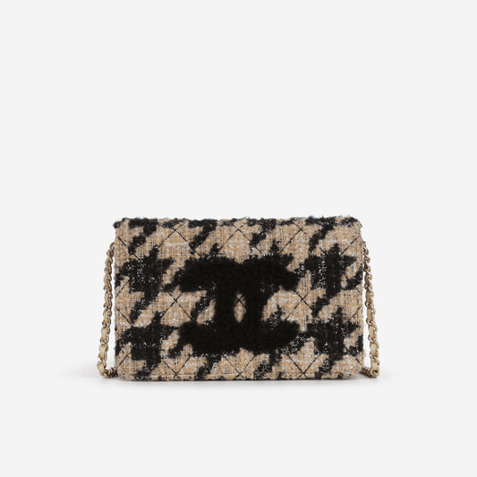 Chanel Wallet On Chain - Black / Beige Houndstooth | Champagne Gold Hardware