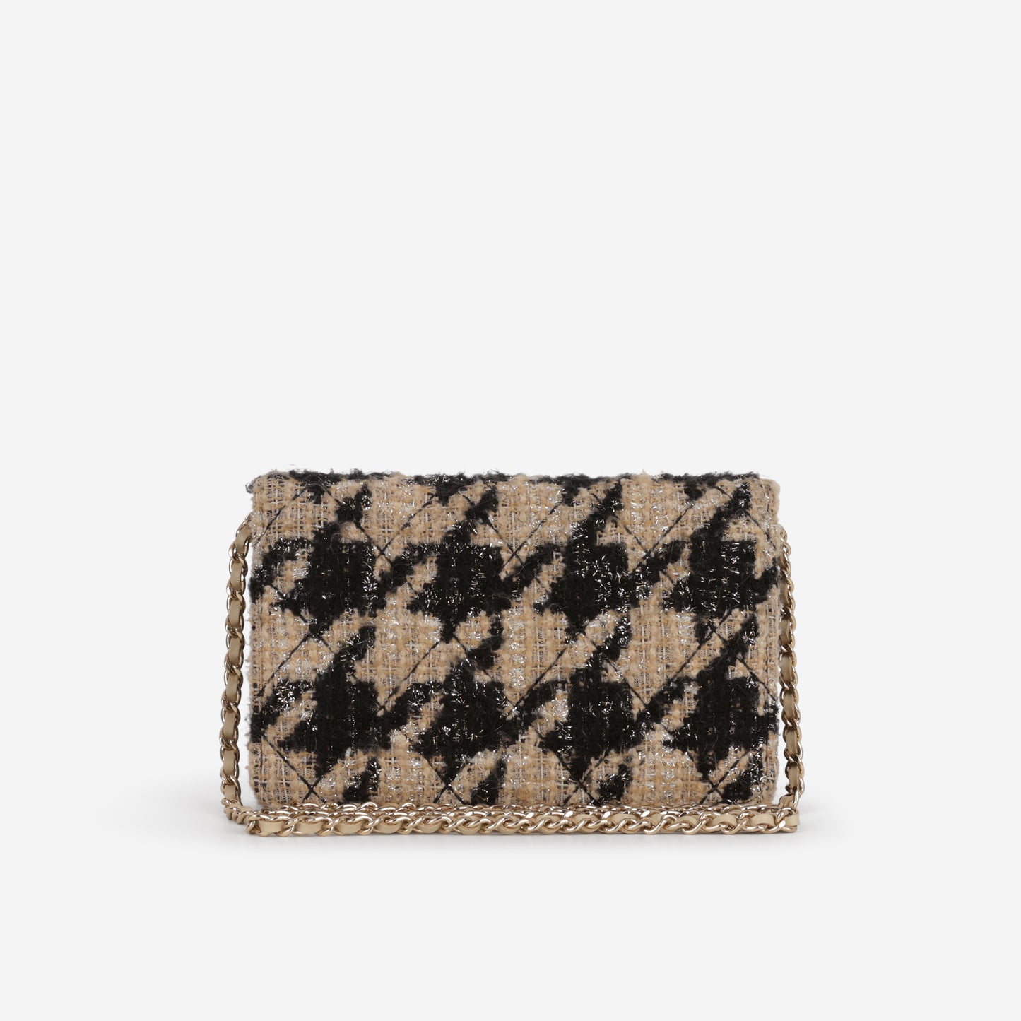 Chanel Wallet On Chain - Black / Beige Houndstooth | Champagne Gold Hardware