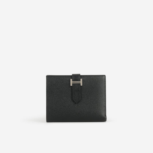 Hermès Bearn Compact Wallet - Black Epsom | Palladium Hardware - Bagista
