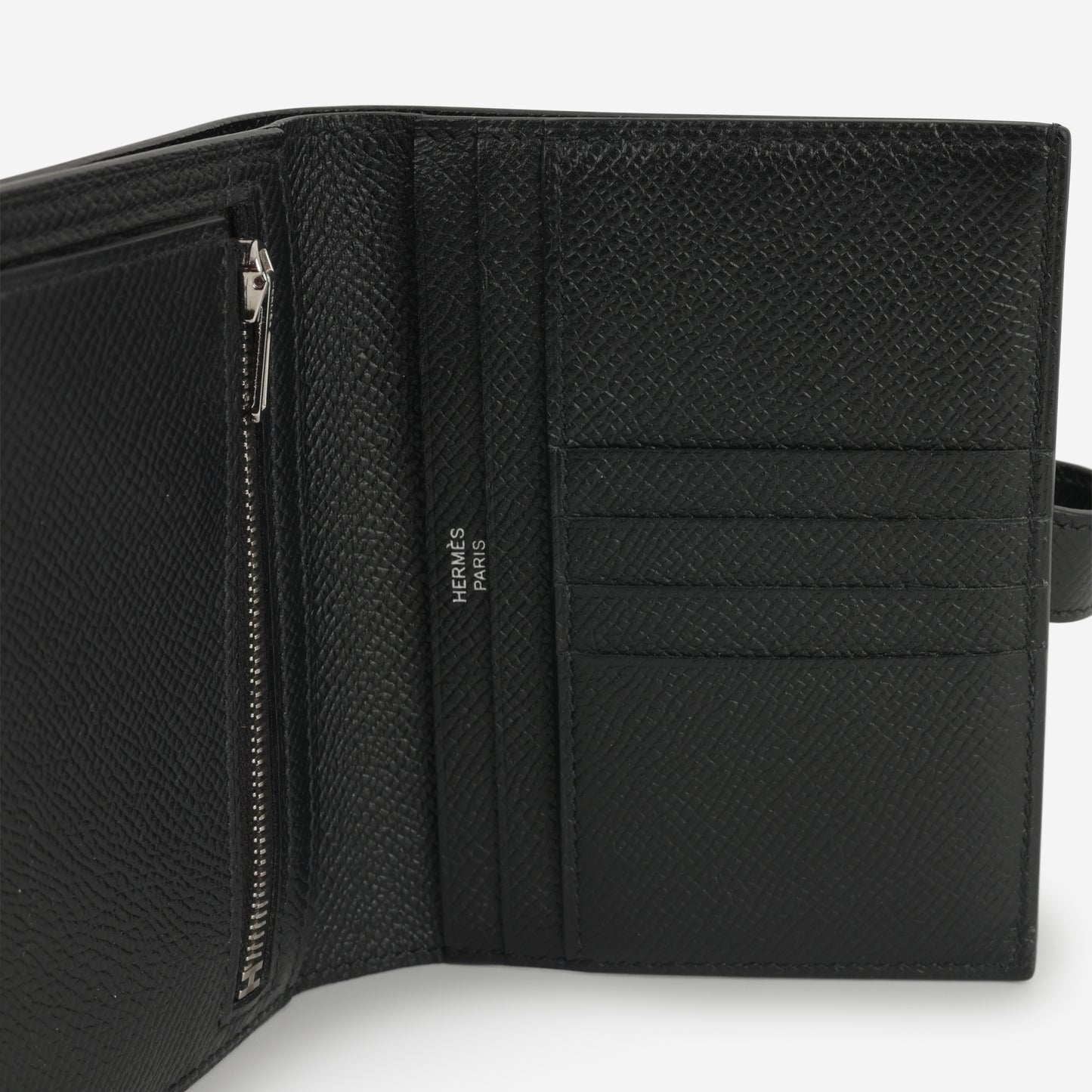 Hermès Bearn Compact Wallet - Black Epsom | Palladium Hardware - Bagista