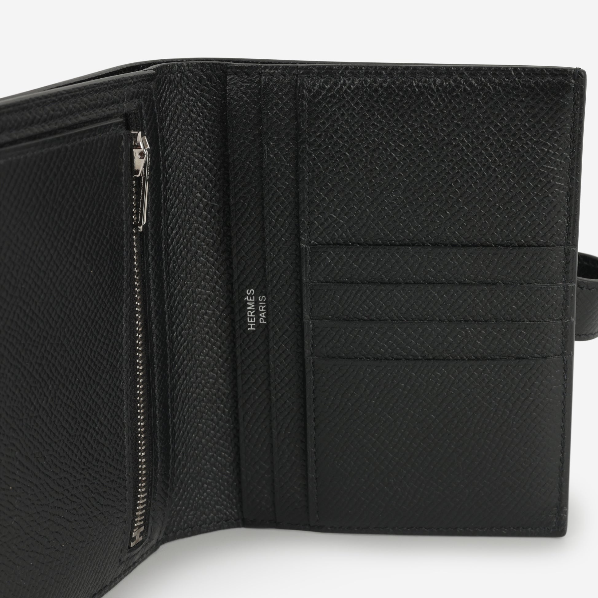 Hermès Bearn Compact Wallet - Black Epsom | Palladium Hardware - Bagista