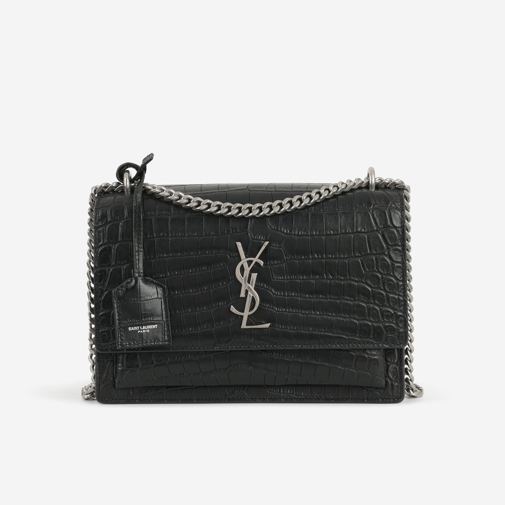 Saint Laurent Medium Sunset - Black Crocodile Embossed | Silver Hardware - Bagista