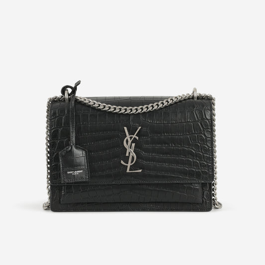Saint Laurent Medium Sunset - Black Crocodile Embossed | Silver Hardware - Bagista