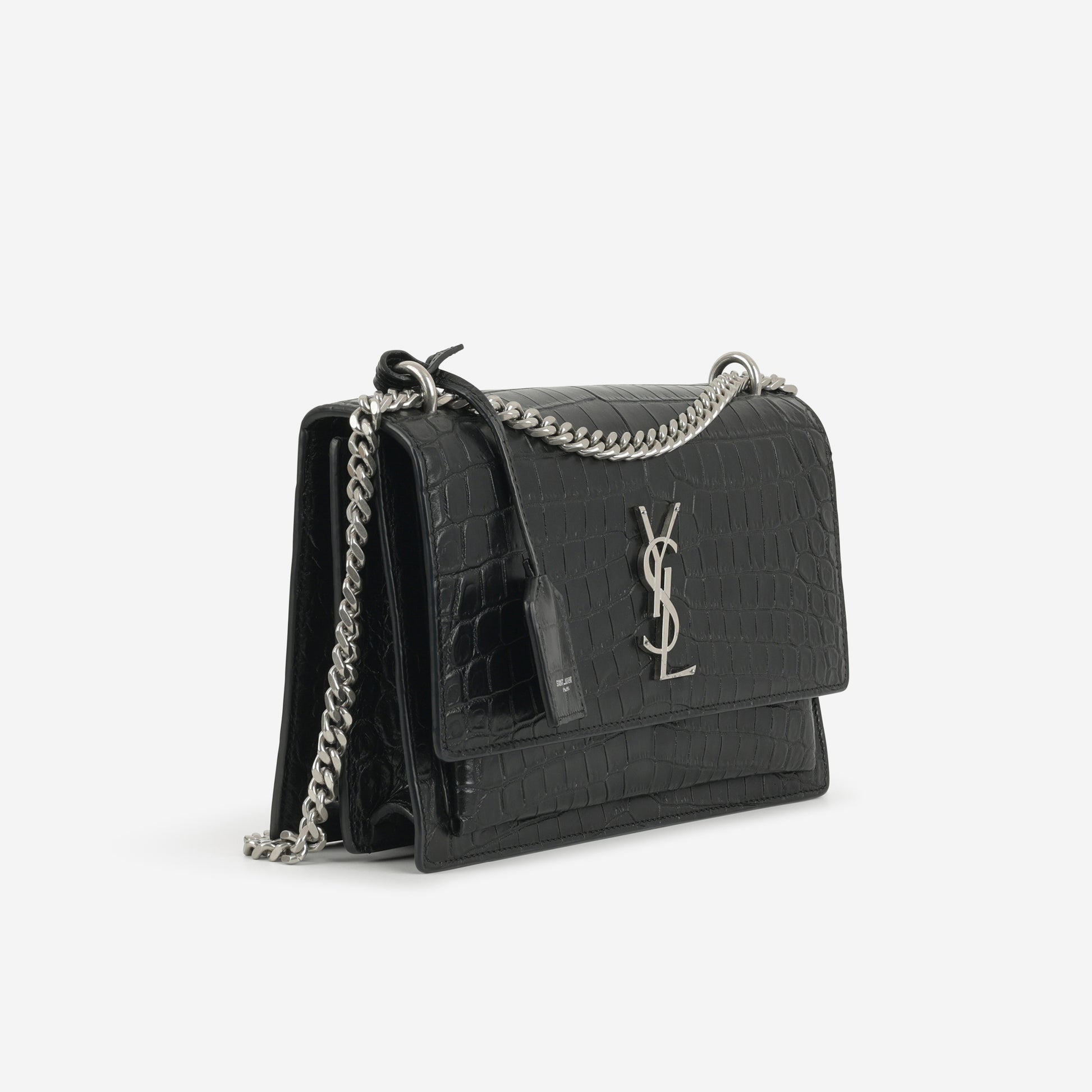 Saint Laurent Medium Sunset - Black Crocodile Embossed | Silver Hardware - Bagista