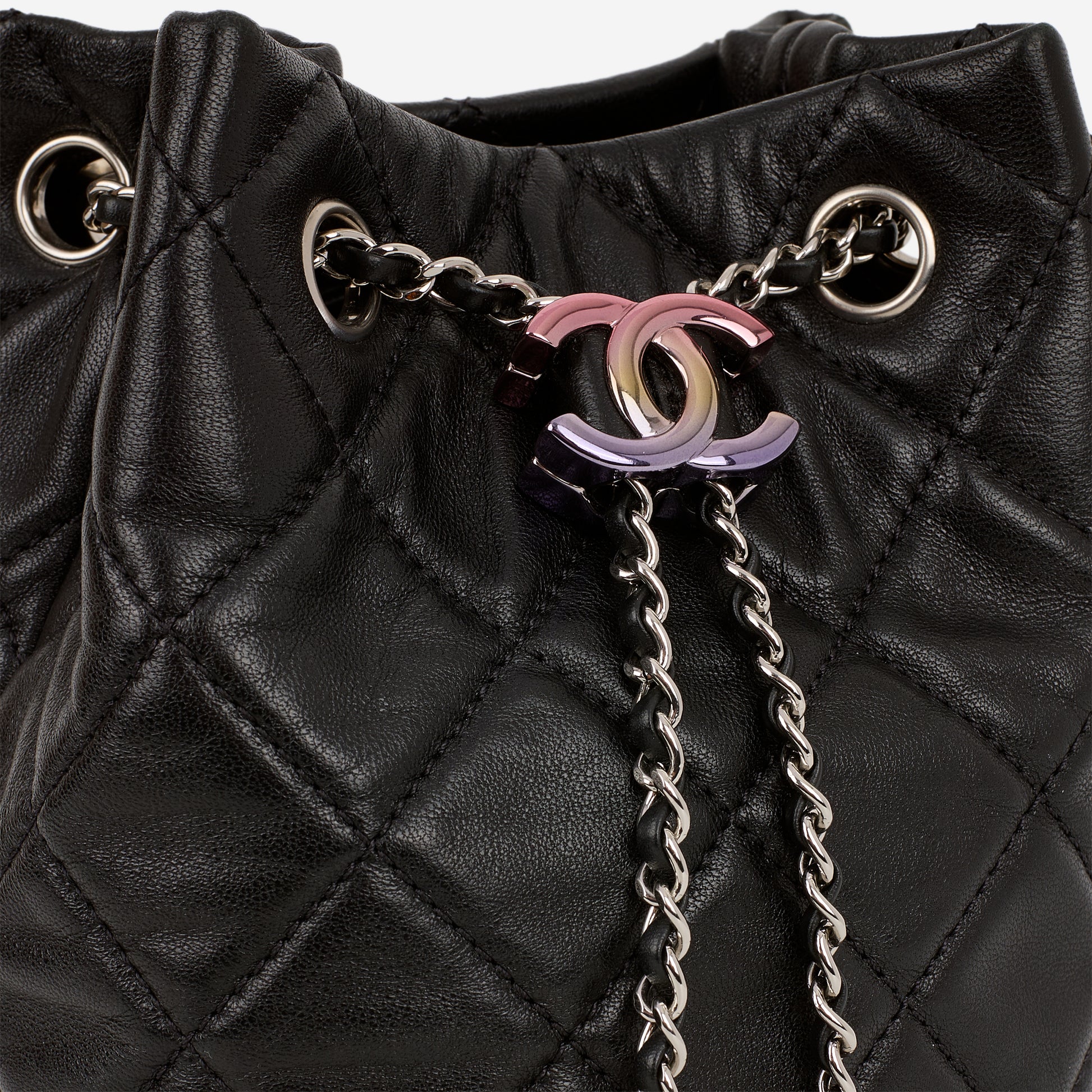 Chanel Rainbow CC Drawstring Bucket Bag - Black Lambskin | Rainbow CC Hardware - Bagista