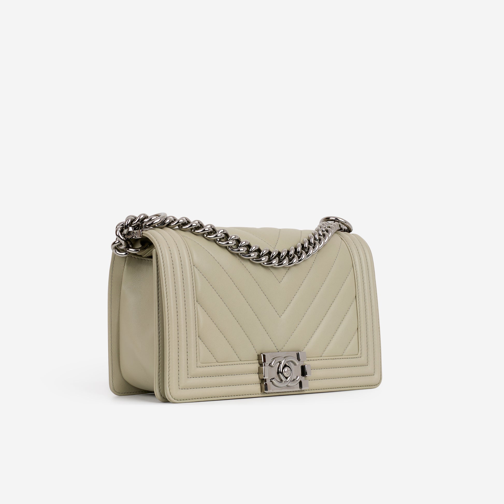Chanel Old Medium Boy Bag - Grey Chevron | Silver Hardware - Bagista