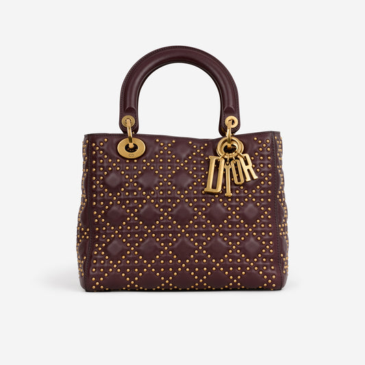Dior Medium Lady Dior - Burgundy Studded Lambskin | Golden Hardware - Bagista