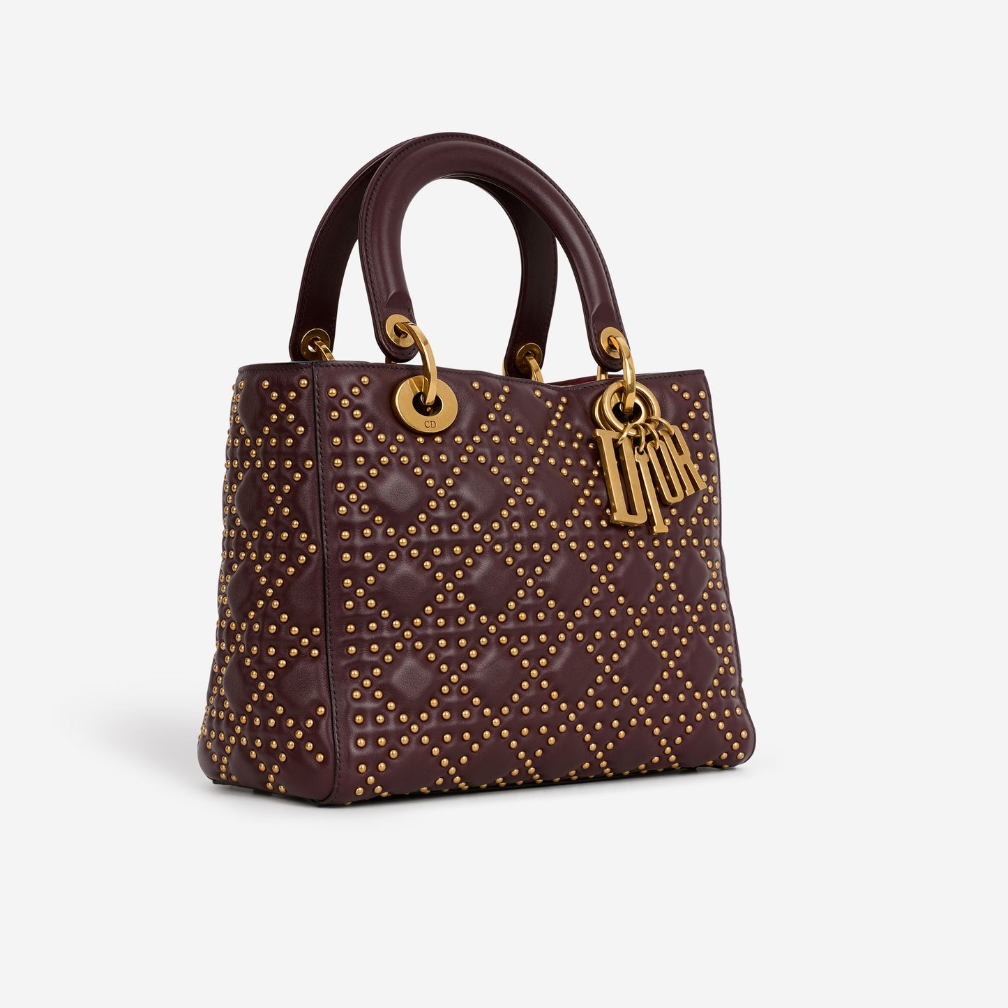Dior Medium Lady Dior - Burgundy Studded Lambskin | Golden Hardware - Bagista