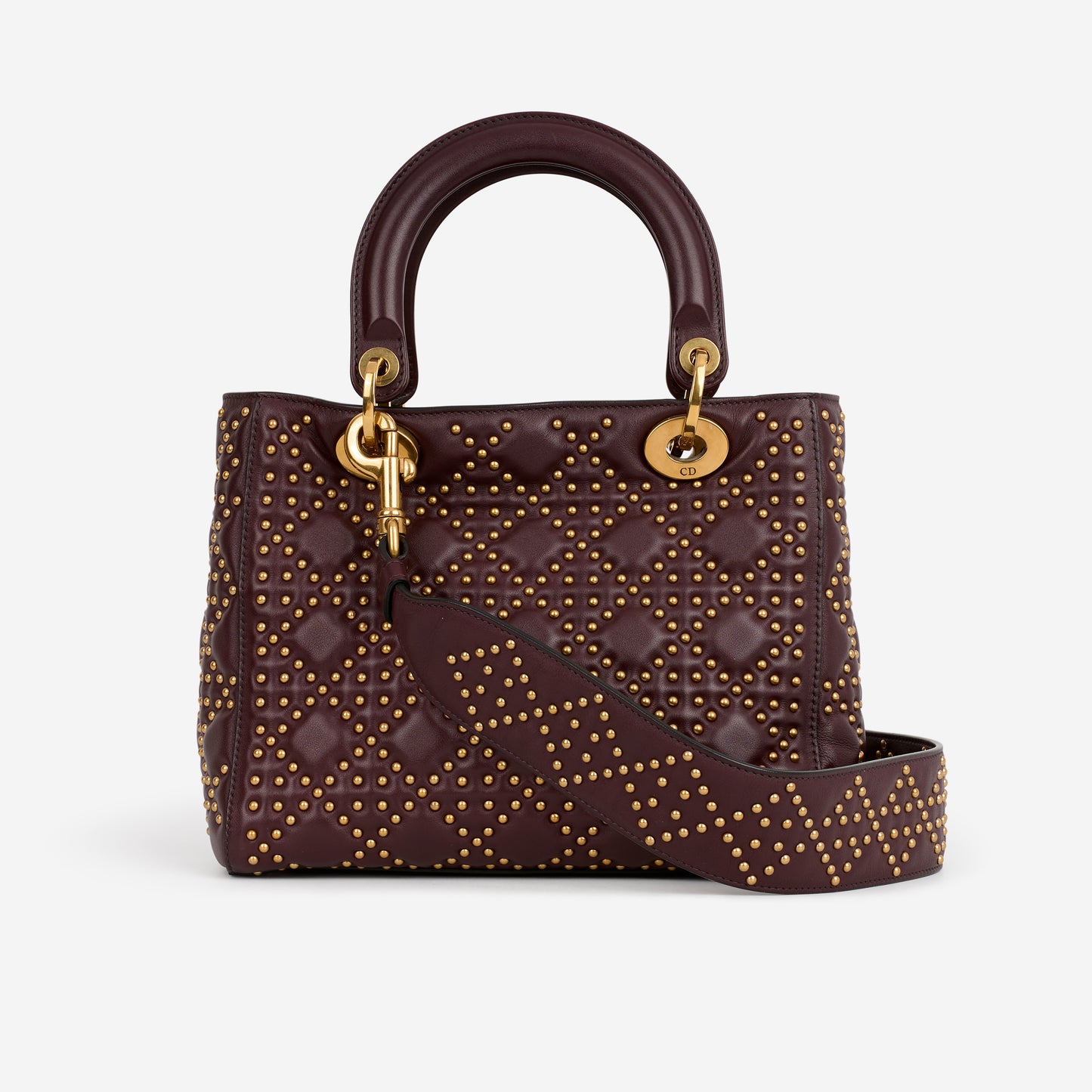 Dior Medium Lady Dior - Burgundy Studded Lambskin | Golden Hardware - Bagista