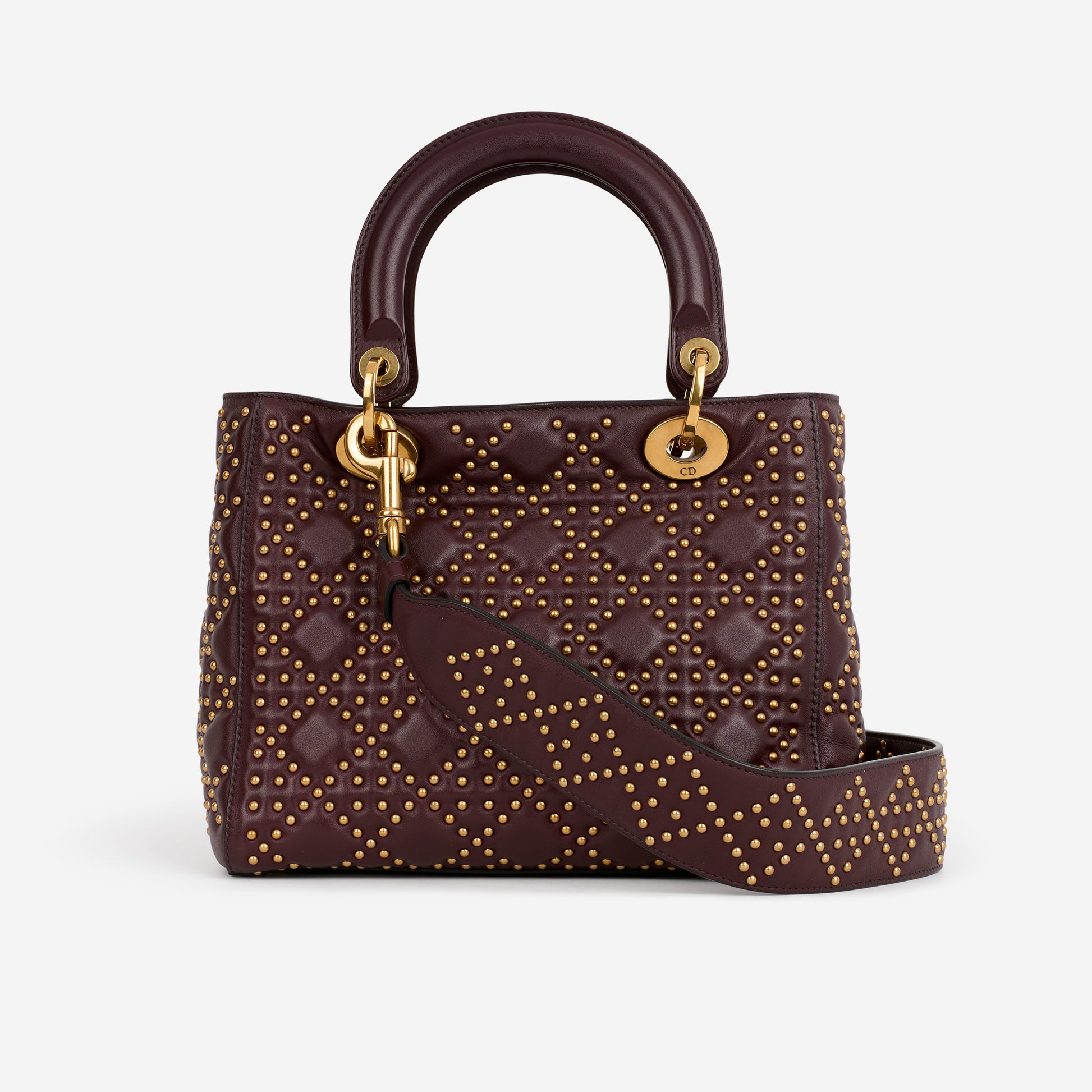 Dior Medium Lady Dior - Burgundy Studded Lambskin | Golden Hardware - Bagista
