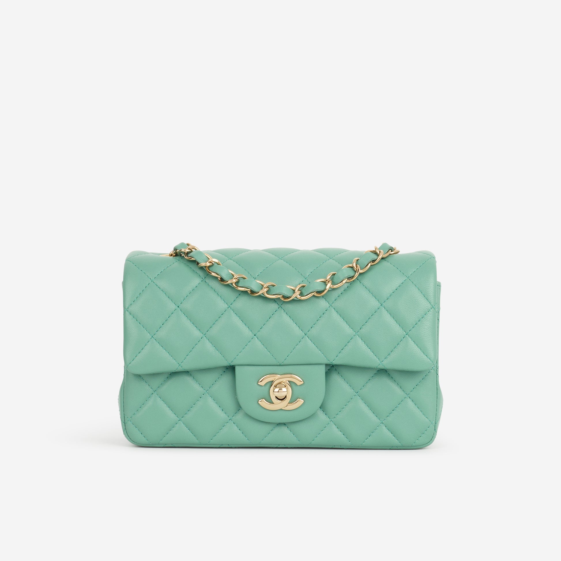 Chanel Mini Rectangular - Green Lambskin | Champagne Gold Hardware - Bagista