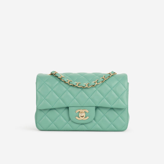 Chanel Mini Rectangular - Green Lambskin | Champagne Gold Hardware - Bagista