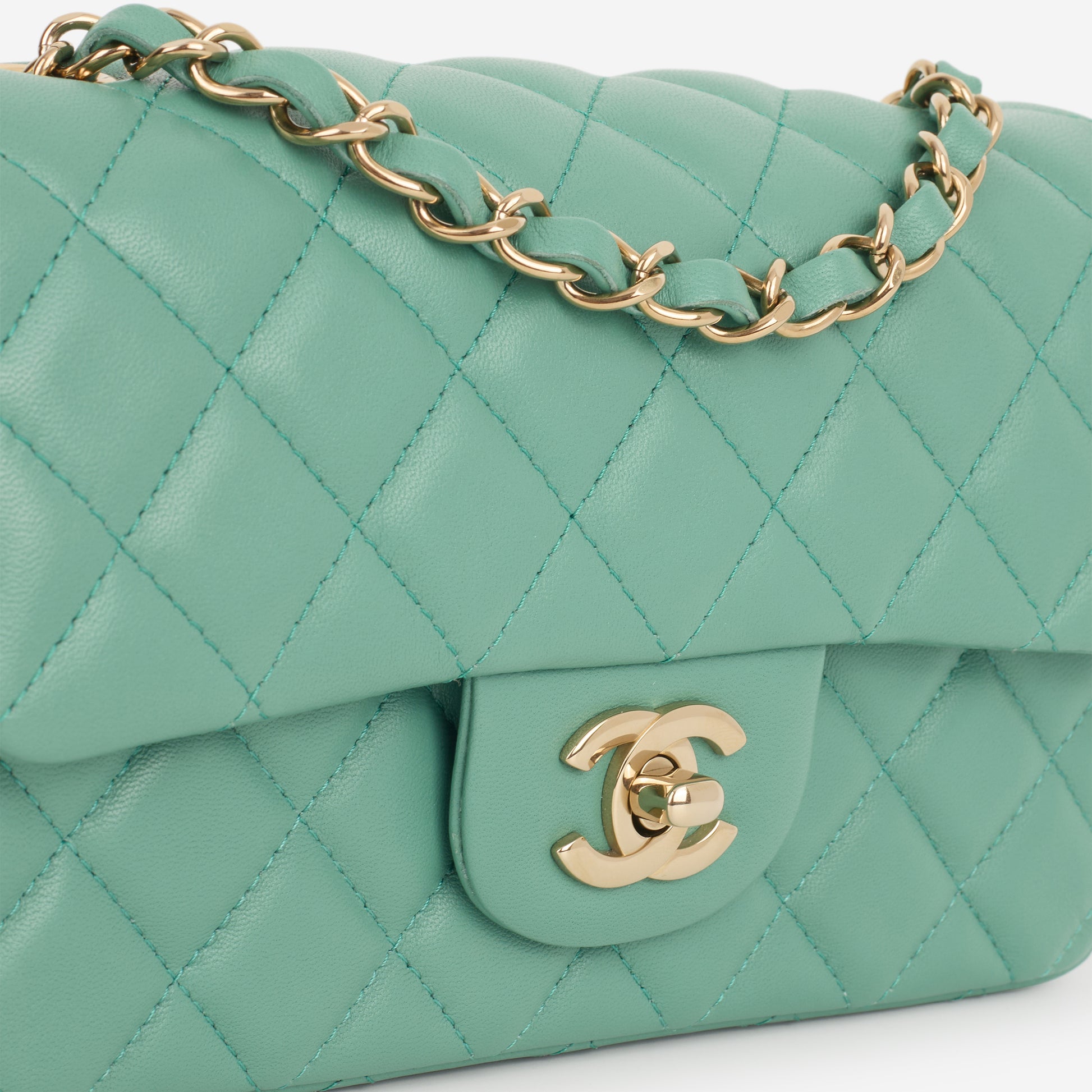 Chanel Mini Rectangular - Green Lambskin | Champagne Gold Hardware - Bagista