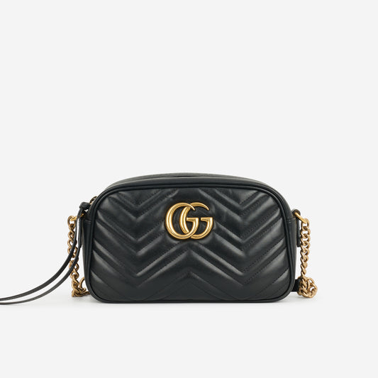 Gucci GG Marmont Camera Bag - Black Chevron Calfskin | Gold Hardware