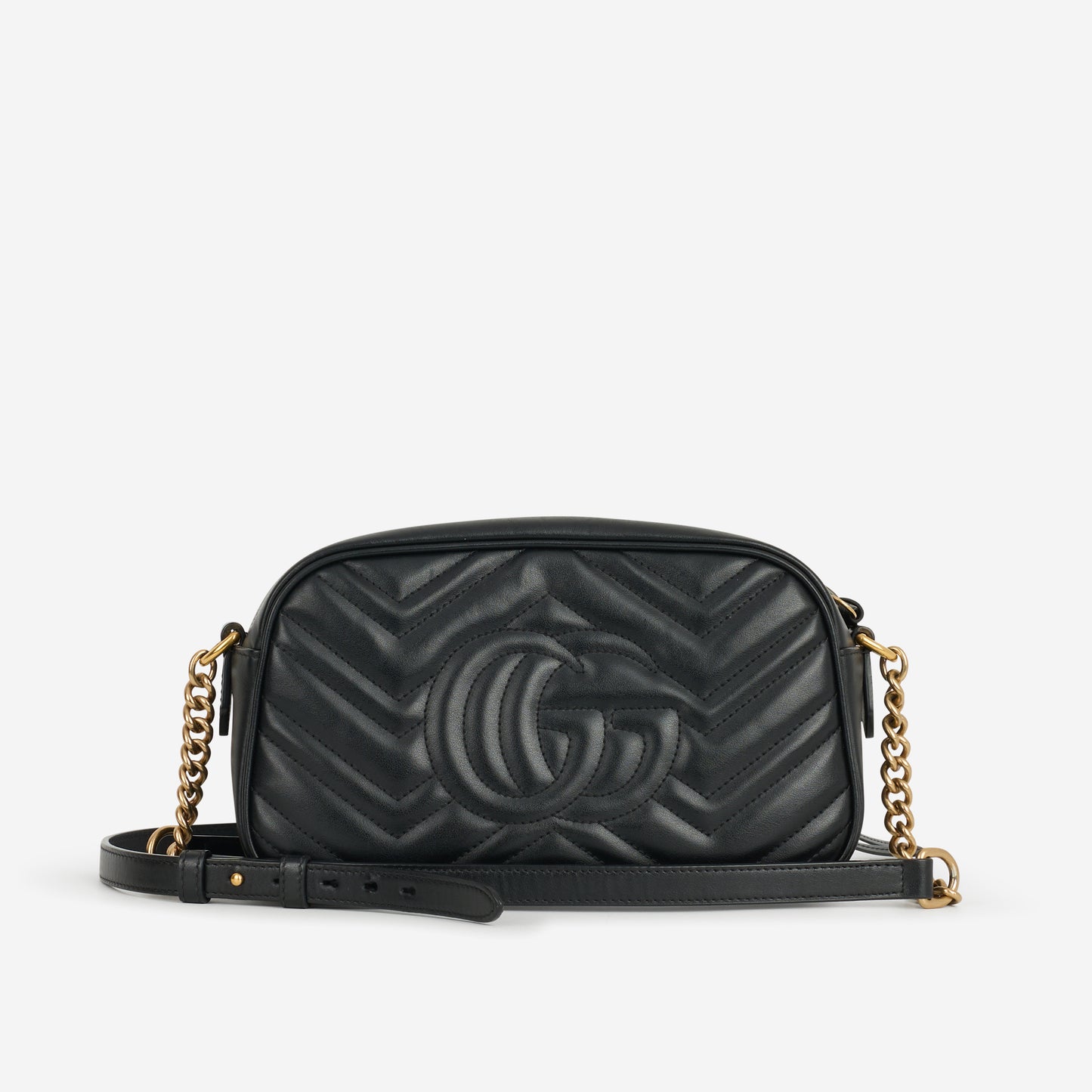 Gucci GG Marmont Camera Bag - Black Chevron Calfskin | Gold Hardware