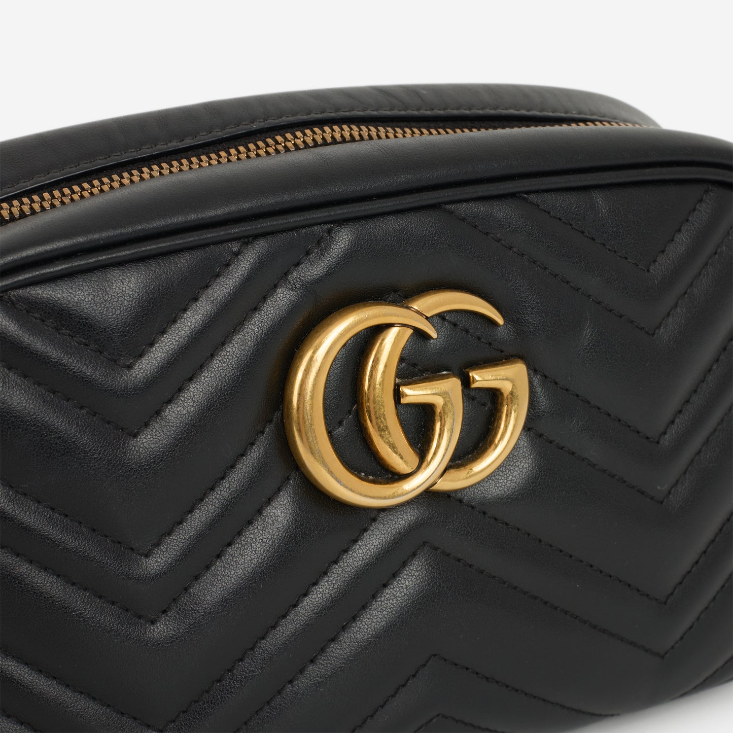 Gucci GG Marmont Camera Bag - Black Chevron Calfskin | Gold Hardware
