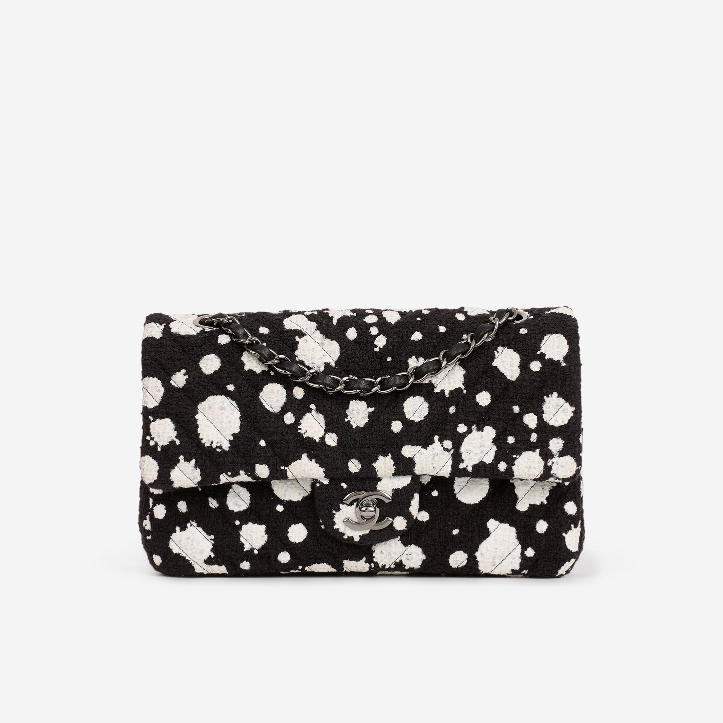 Chanel Medium Classic Flap Bag - Black / White Splatter Tweed | Silver Hardware