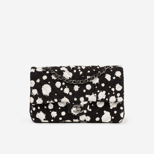 Chanel Medium Classic Flap Bag - Black / White Splatter Tweed | Silver Hardware