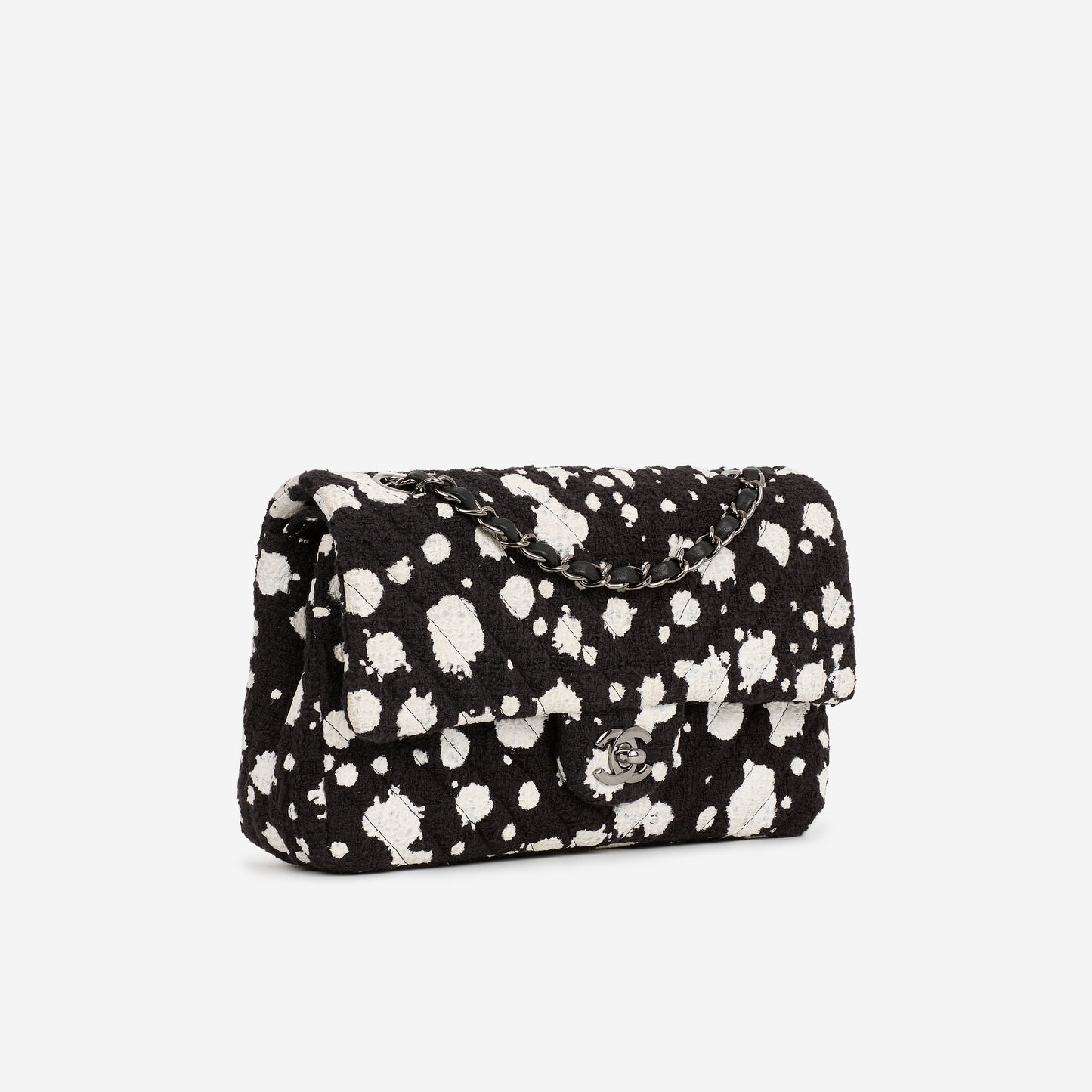 Chanel Medium Classic Flap Bag - Black / White Splatter Tweed | Silver Hardware