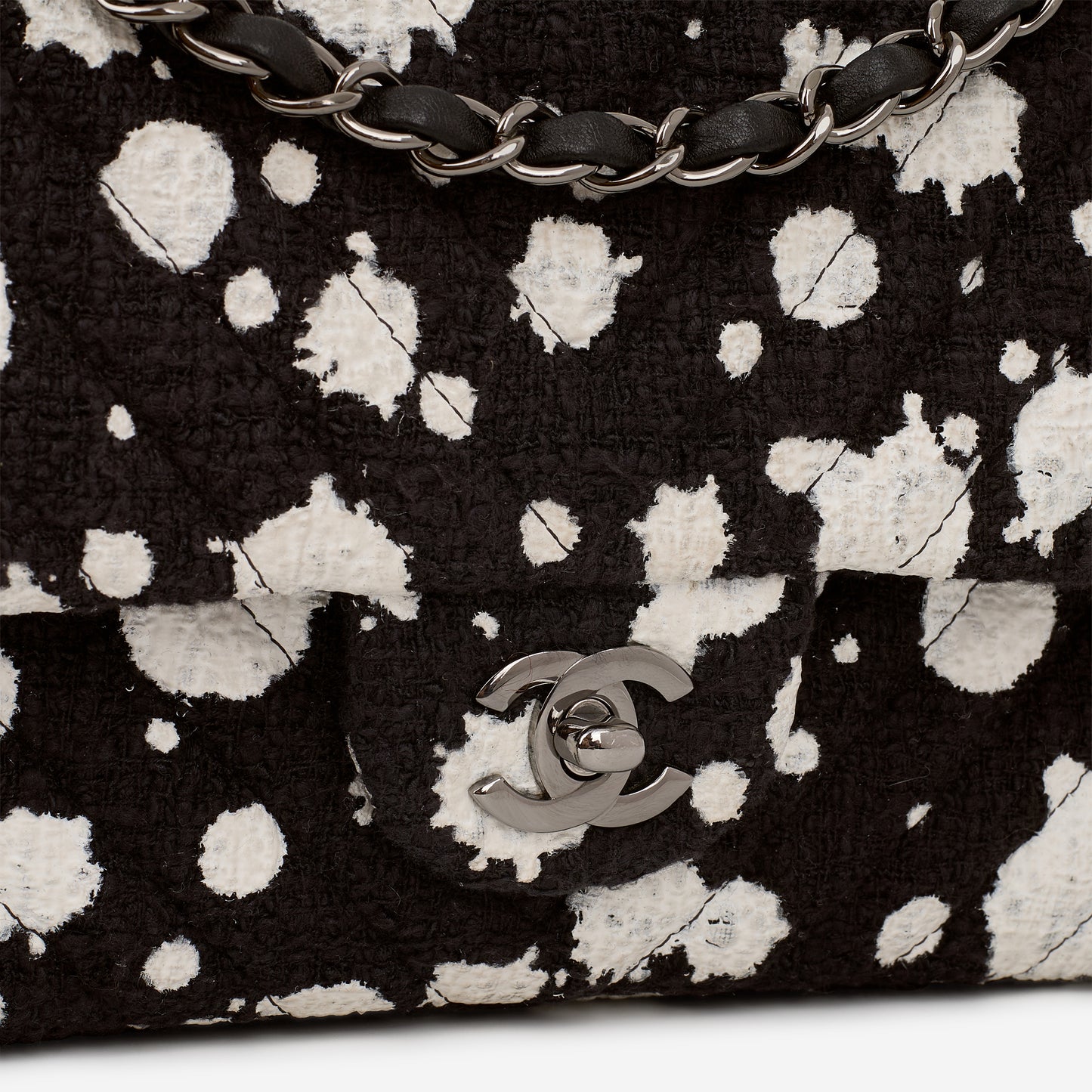 Chanel Medium Classic Flap Bag - Black / White Splatter Tweed | Silver Hardware