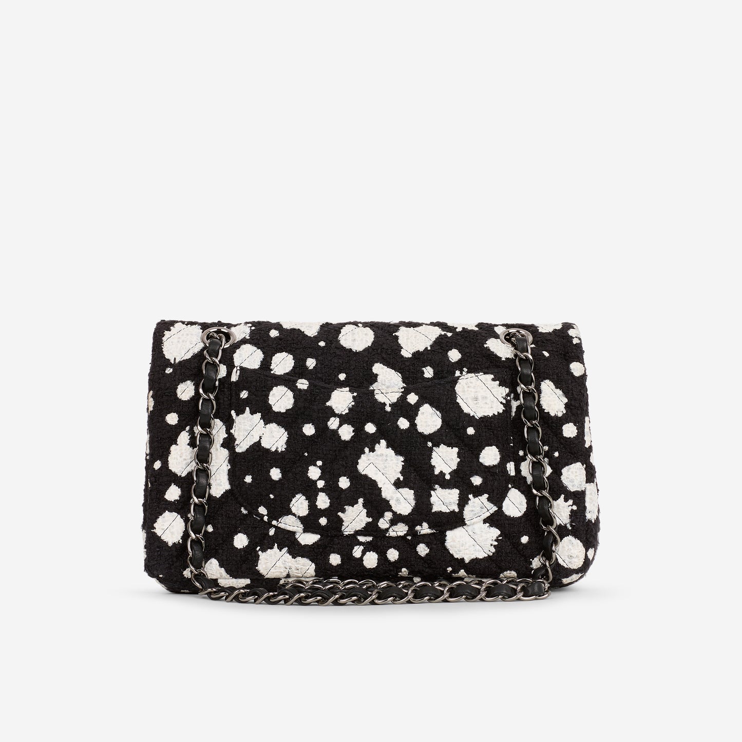 Chanel Medium Classic Flap Bag - Black / White Splatter Tweed | Silver Hardware