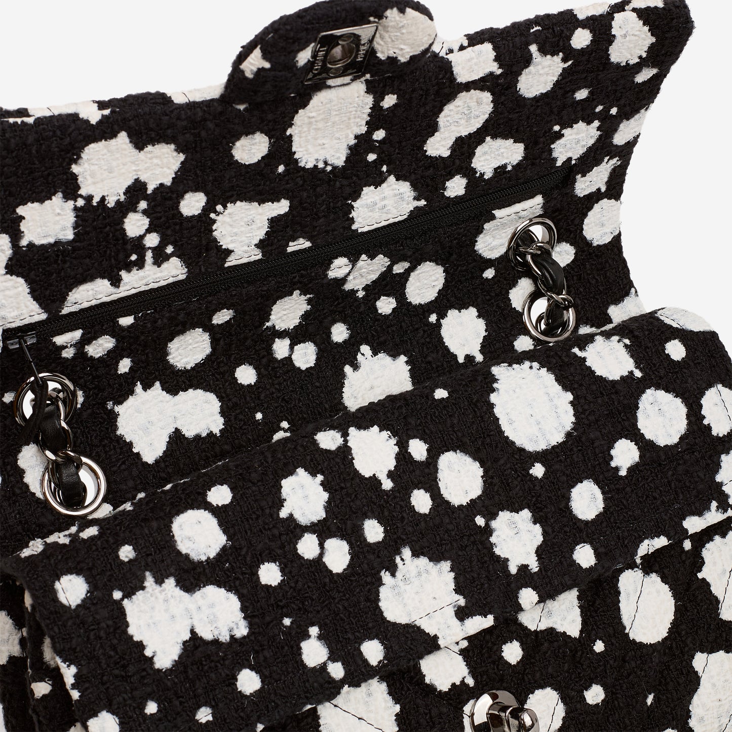 Chanel Medium Classic Flap Bag - Black / White Splatter Tweed | Silver Hardware