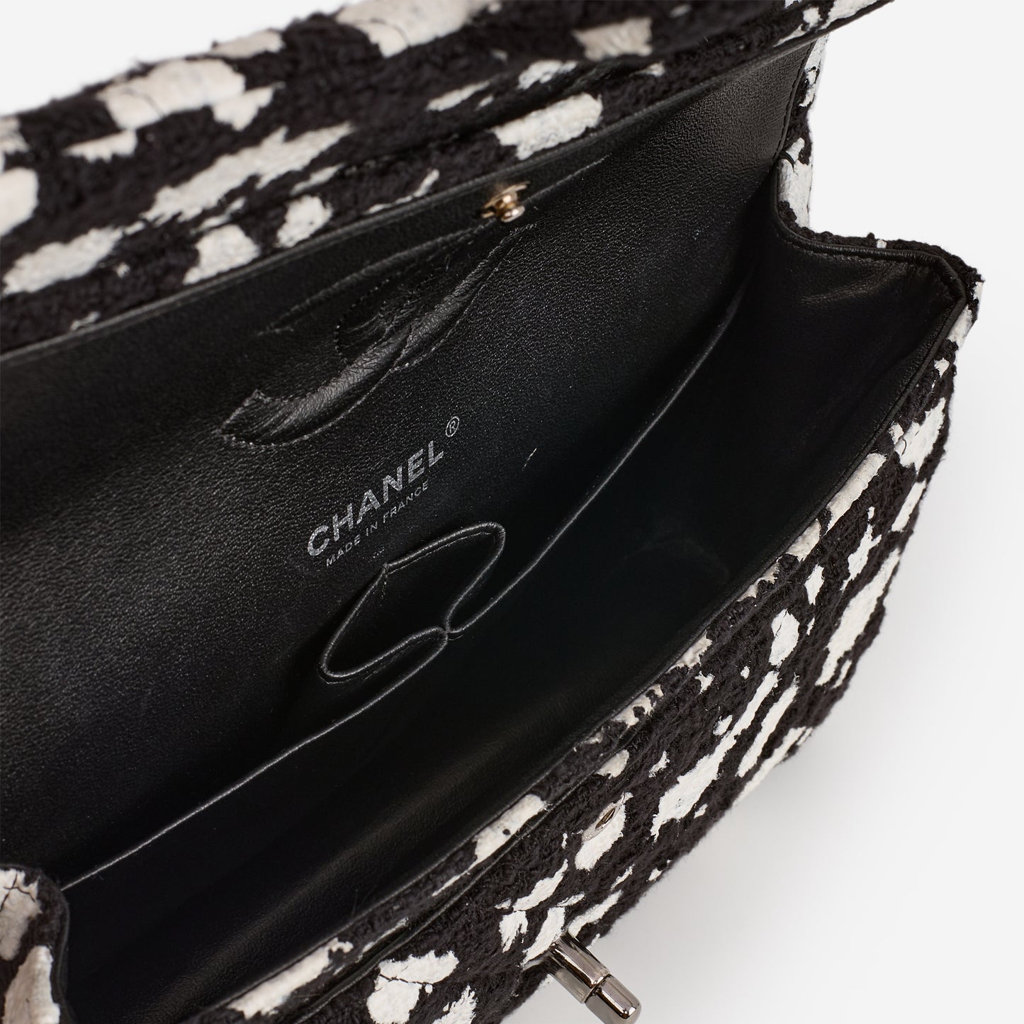 Chanel Medium Classic Flap Bag - Black / White Splatter Tweed | Silver Hardware