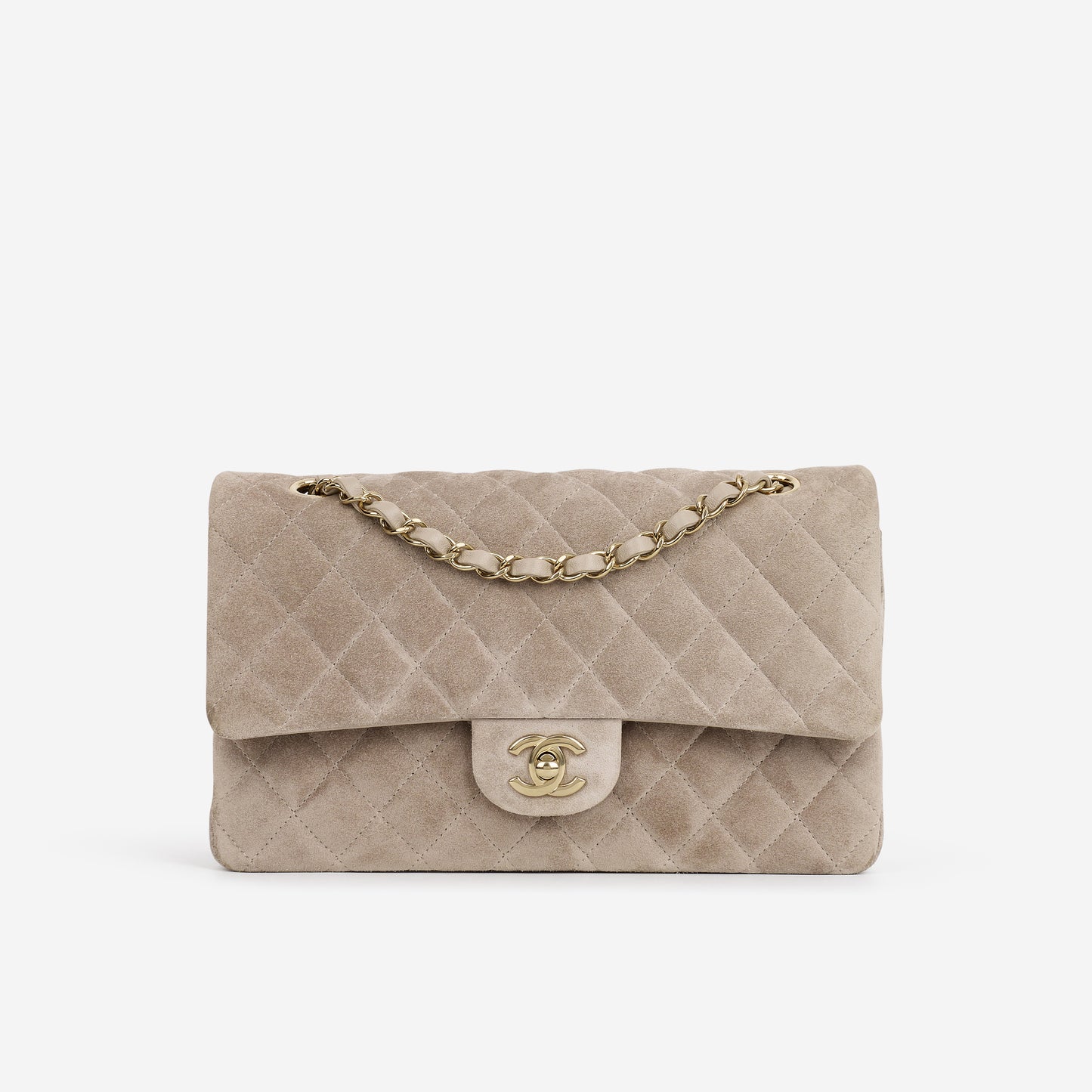Chanel Medium Classic Flap - Grey Suede | Champagne Gold Hardware