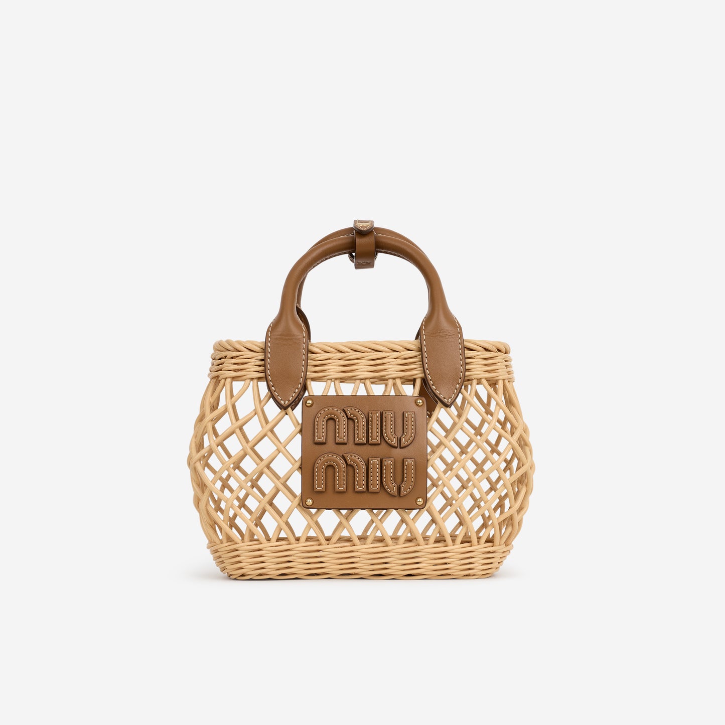 Miu Miu Mini Woven Basket - Natural Rattan Calfskin | Gold Hardware