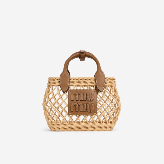 Miu Miu Mini Woven Basket - Natural Rattan Calfskin | Gold Hardware