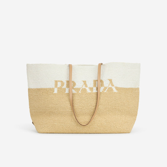 Prada Large Check Crochet Tote Bag - White / Beige Raffia