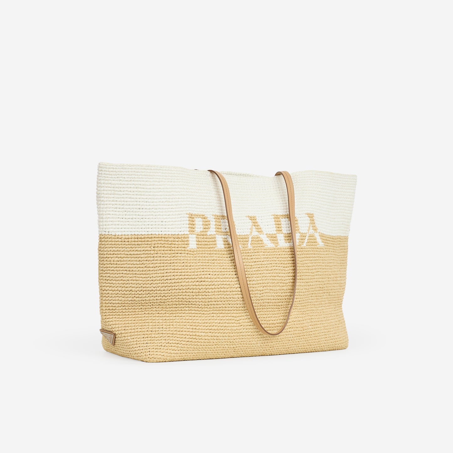 Prada Large Check Crochet Tote Bag - White / Beige Raffia