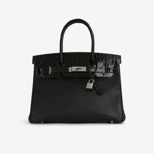 Hermès Birkin 30 Touch - Black Novillo / Bleu Marine Crocodile Niloticus | Palladium Hardware