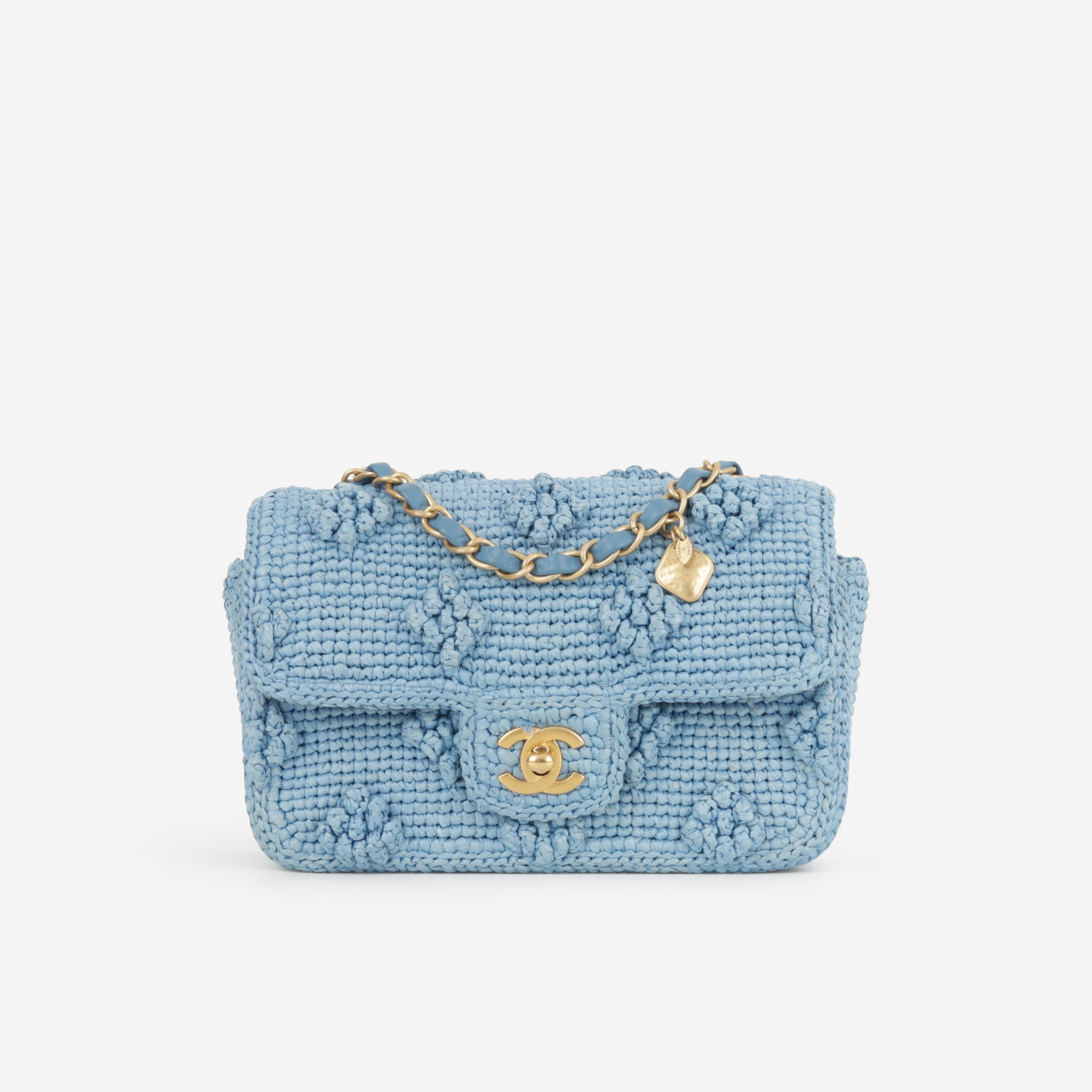Chanel 24P Small Dolce Flap Blue Braided Raffia Gold Hardware