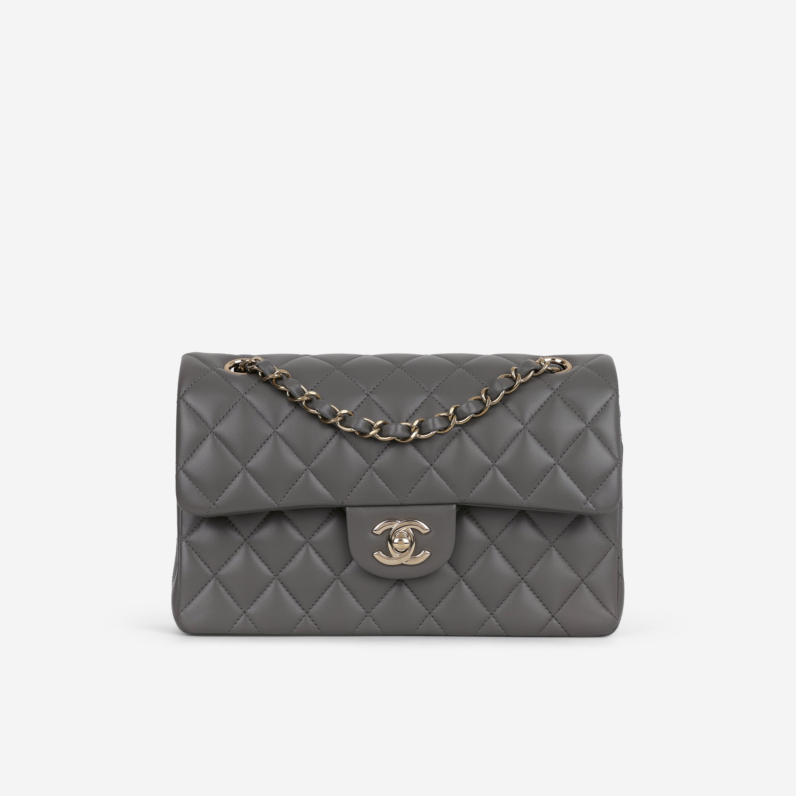 Chanel Small Classic Flap - Dark Grey Lambskin | Champagne Gold