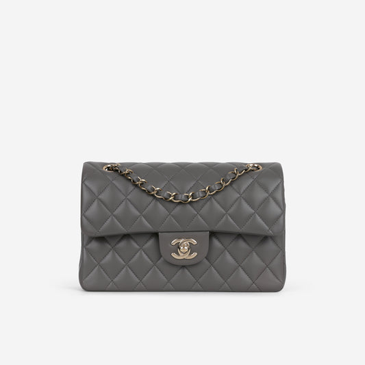 Chanel Small Classic Flap - Dark Grey Lambskin | Champagne Gold Hardware