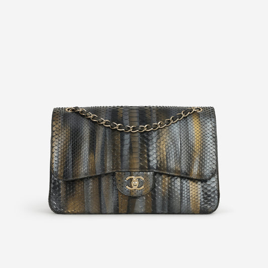 Chanel Rare Tricolour Jumbo Classic Flap - Black / Gold / Silver Python | Gold Hardware