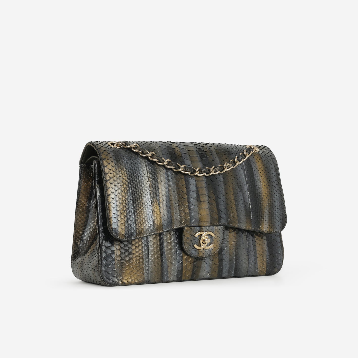 Chanel Rare Tricolour Jumbo Classic Flap - Black / Gold / Silver Python | Gold Hardware